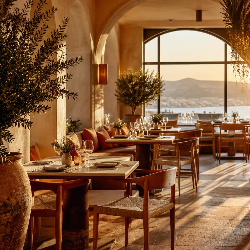 Interior cálido de un restaurante mediterráneo al atardecer