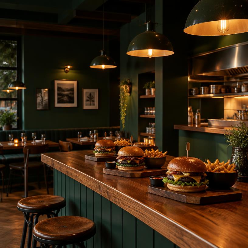 Hamburguesería artesanal con ambiente acogedor y luz cálida