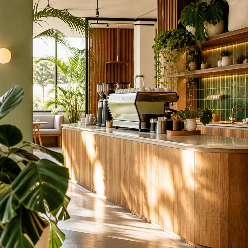 Cafetería de especialidad luminosa con plantas y barra de madera